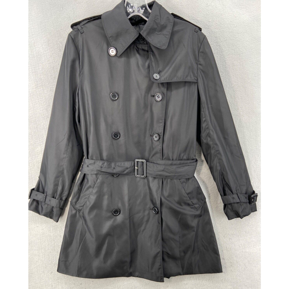 Norma Kamali Jacket Women Sz XS Black Long Rain Lightweight Double Breasted Belt